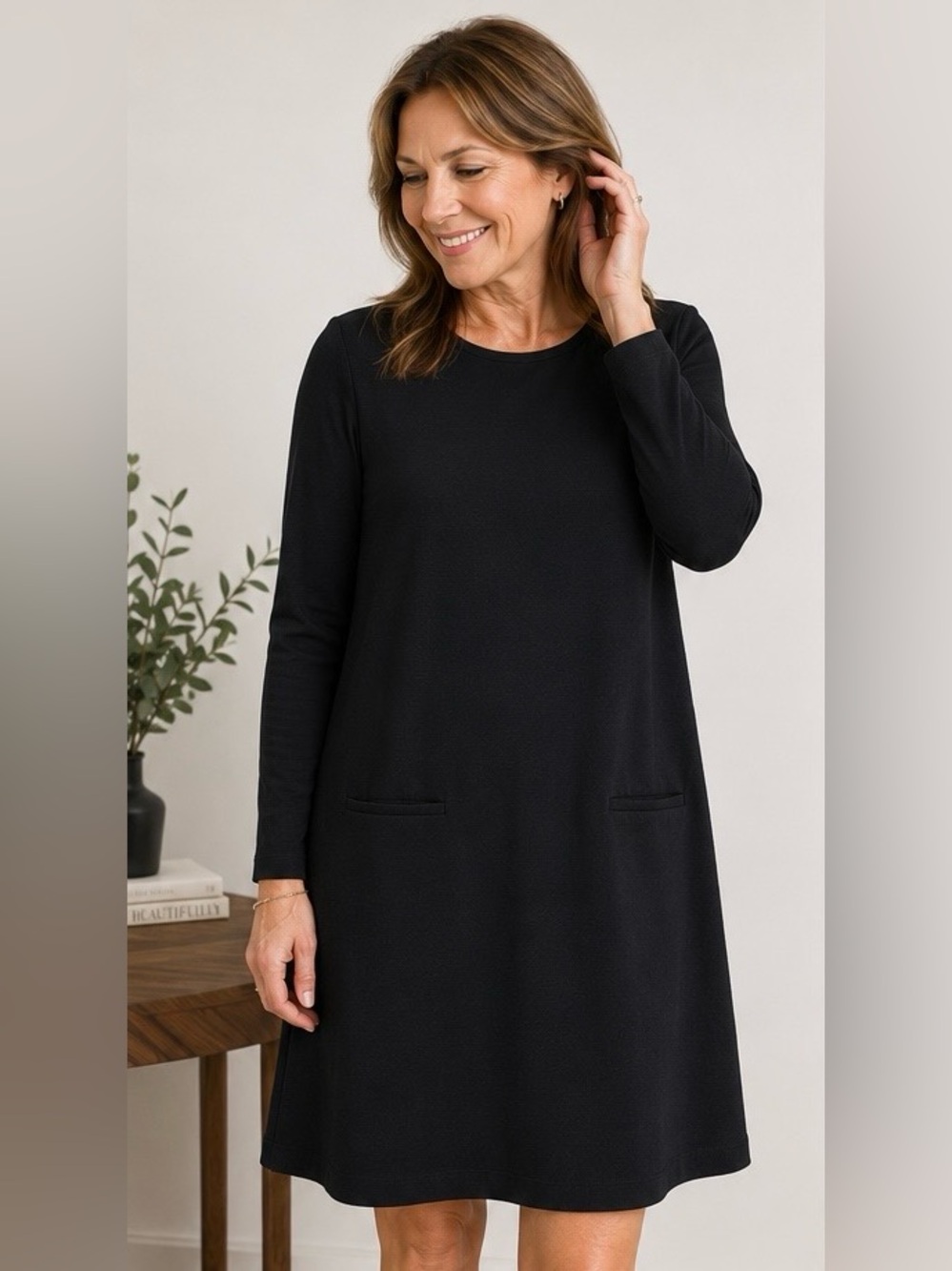 Eileen Fisher Black Long Sleeve A-Line Pocket Dress Women’s Medium Minimalist